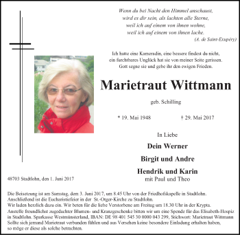 Traueranzeige von Marietraut Wittmann von Münstersche Zeitung und Münsterland Zeitung