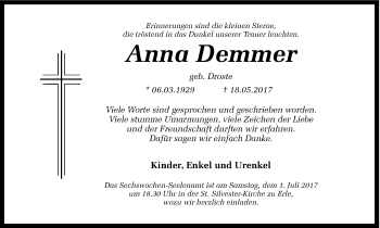 Traueranzeige von Anna Demmer von Ruhr Nachrichten und Dorstener Zeitung
