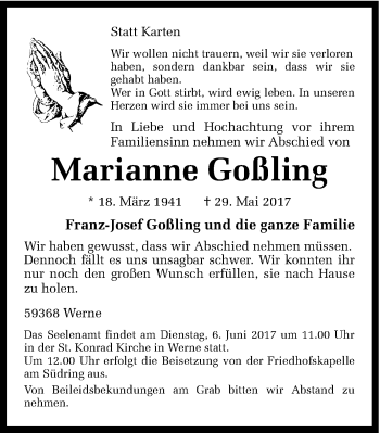Traueranzeige von Marianne Goßling von Ruhr Nachrichten