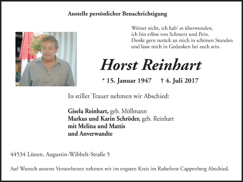  Traueranzeige für Horst Reinhart vom 06.07.2017 aus Ruhr Nachrichten