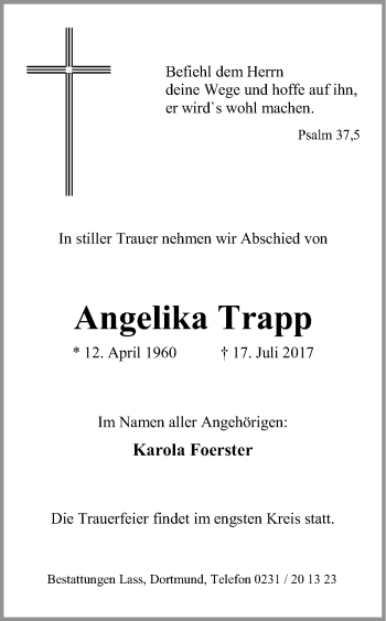 Traueranzeige von Angelika Trapp von Ruhr Nachrichten