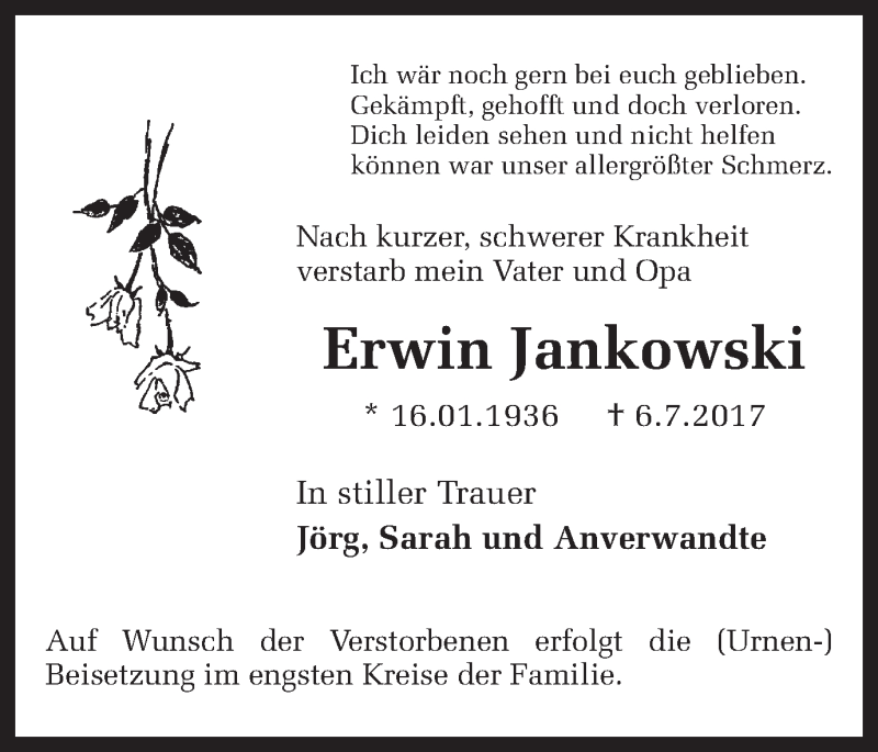  Traueranzeige für Erwin Jankowski vom 13.07.2017 aus Ruhr Nachrichten