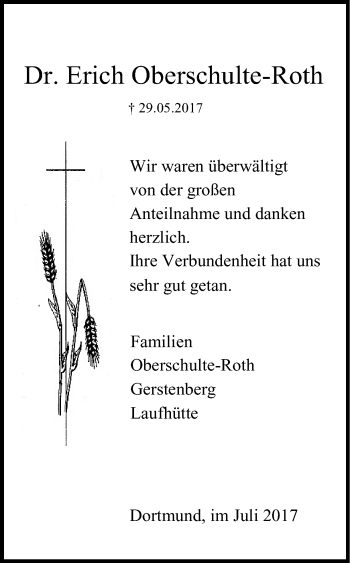 Traueranzeige von Erich Oberschulte-Roth von Ruhr Nachrichten