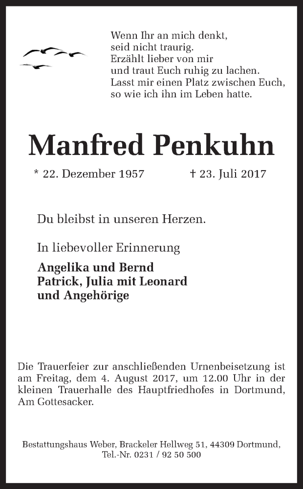  Traueranzeige für Manfred Penkuhn vom 29.07.2017 aus Ruhr Nachrichten