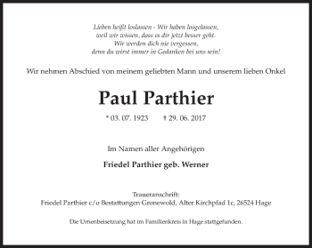 Traueranzeige von Paul Parthier von Ruhr Nachrichten