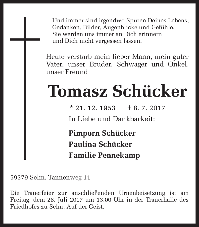  Traueranzeige für Tomasz Schücker vom 11.07.2017 aus Ruhr Nachrichten