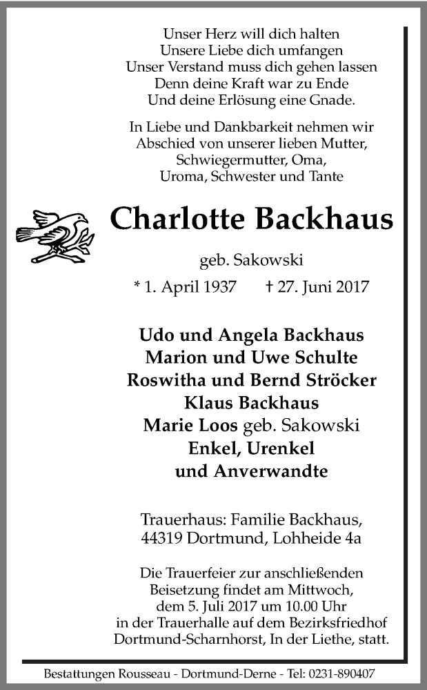  Traueranzeige für Charlotte Backhaus vom 01.07.2017 aus Ruhr Nachrichten