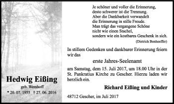Traueranzeige von Hedwig Eißing von Münstersche Zeitung und Münsterland Zeitung