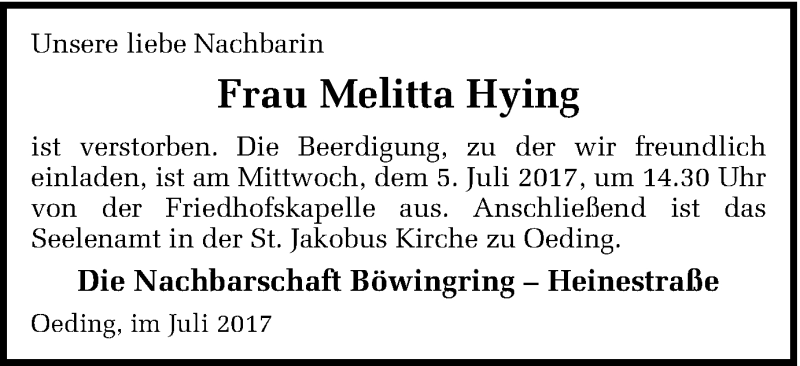  Traueranzeige für Melitta Hying vom 01.07.2017 aus Münstersche Zeitung und Münsterland Zeitung