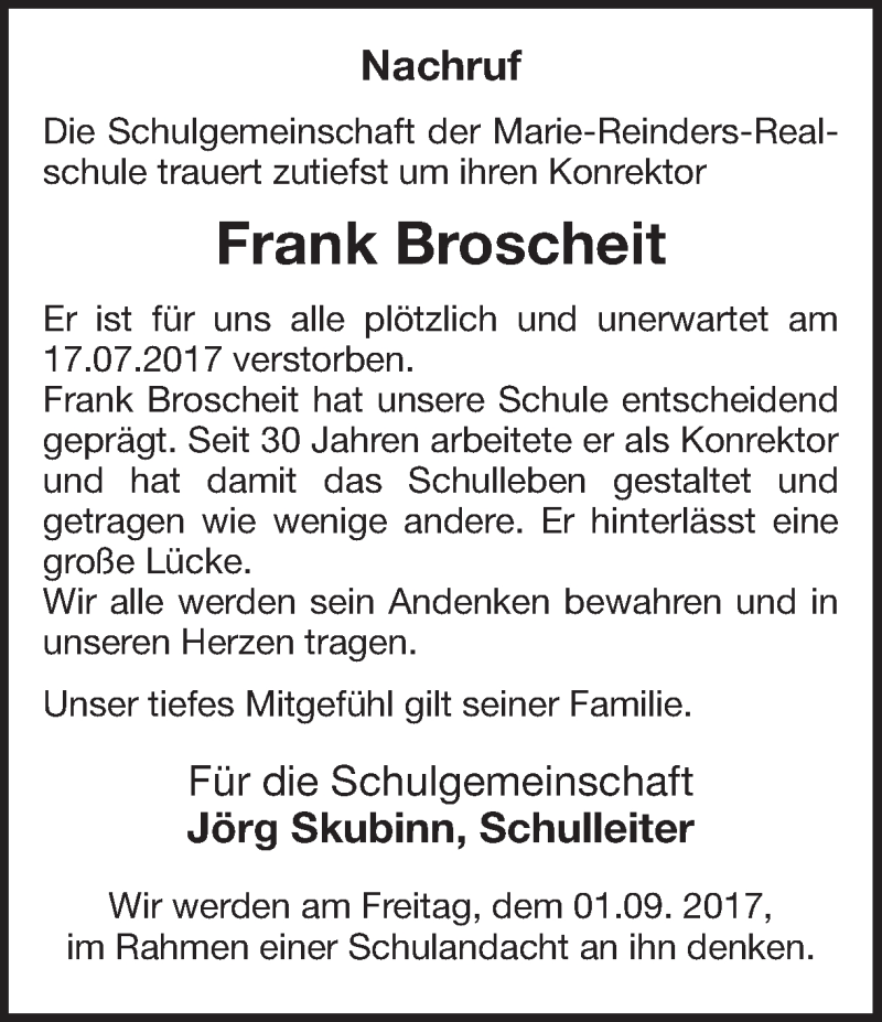  Traueranzeige für Frank Broscheit vom 30.08.2017 aus Ruhr Nachrichten