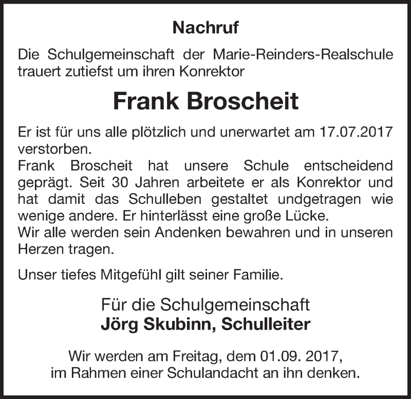 Traueranzeige für Frank Broscheit vom 30.08.2017 aus 