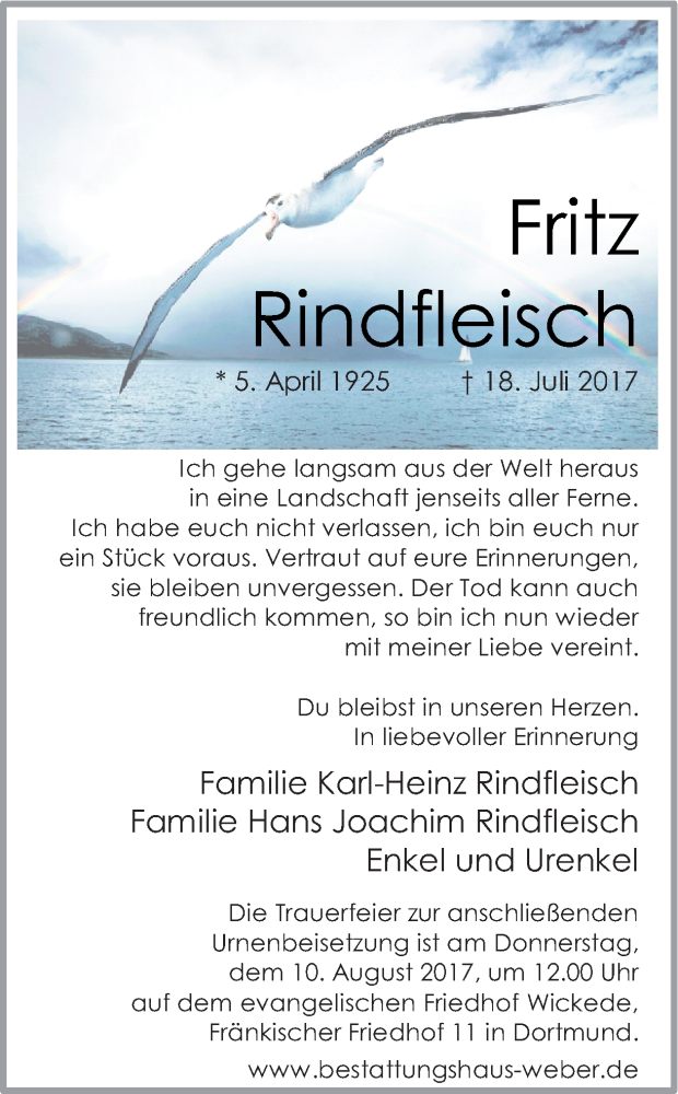  Traueranzeige für Fritz Rindfleisch vom 05.08.2017 aus Ruhr Nachrichten