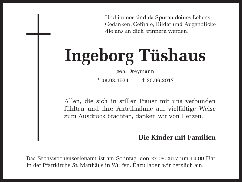  Traueranzeige für Ingeborg Tüshaus vom 23.08.2017 aus Ruhr Nachrichten und Dorstener Zeitung