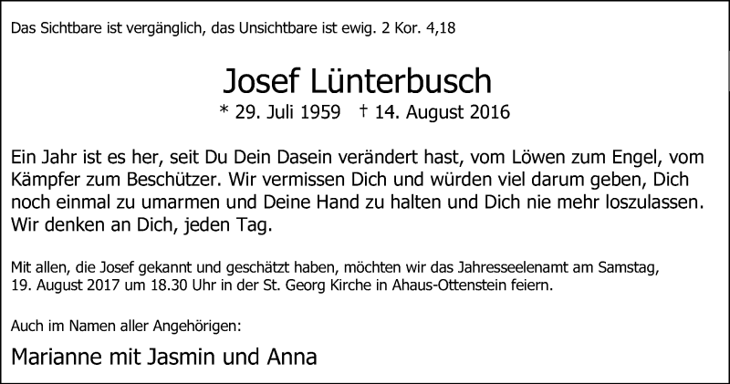  Traueranzeige für Josef Lünterbusch vom 16.08.2017 aus Münstersche Zeitung und Münsterland Zeitung