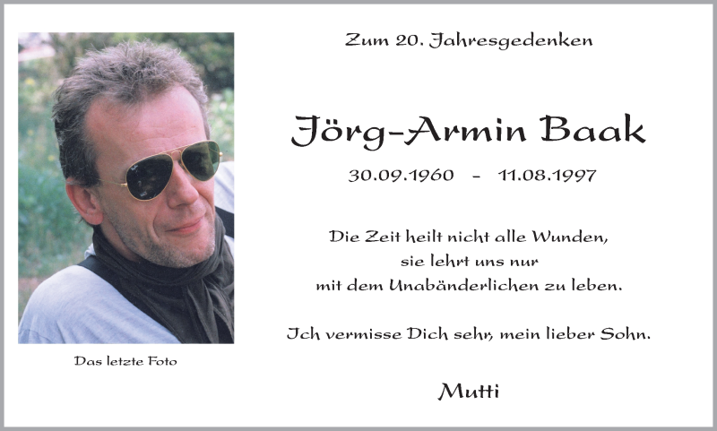  Traueranzeige für Jörg-Armin Baak vom 11.08.2017 aus Ruhr Nachrichten
