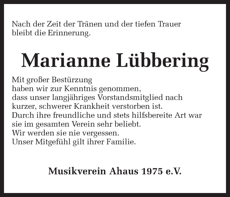  Traueranzeige für Marianne Lübbering vom 01.08.2017 aus Münstersche Zeitung und Münsterland Zeitung