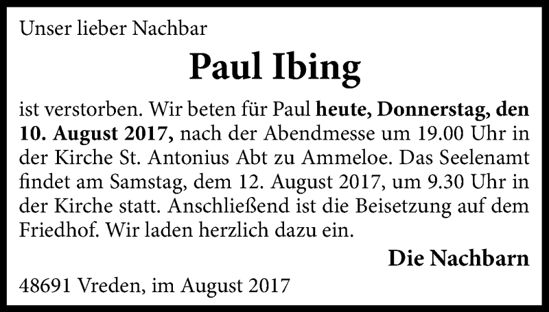  Traueranzeige für Paul Ibing vom 10.08.2017 aus Münstersche Zeitung und Münsterland Zeitung