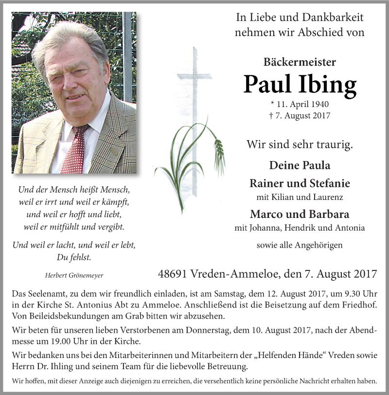  Traueranzeige für Paul Ibing vom 09.08.2017 aus Münstersche Zeitung und Münsterland Zeitung