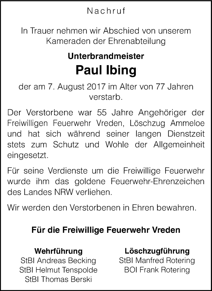  Traueranzeige für Paul Ibing vom 12.08.2017 aus Münstersche Zeitung und Münsterland Zeitung