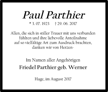 Traueranzeige von Paul Parthier von Ruhr Nachrichten