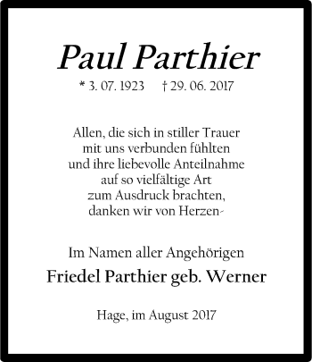 Traueranzeige von Paul Parthier von Ruhr Nachrichten