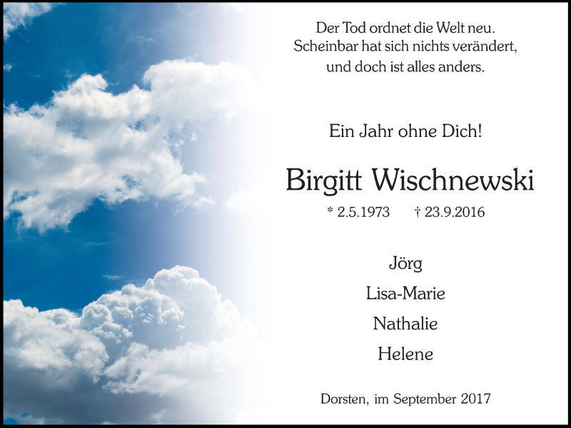  Traueranzeige für Birgitt Wischnewski vom 23.09.2017 aus Ruhr Nachrichten und Dorstener Zeitung