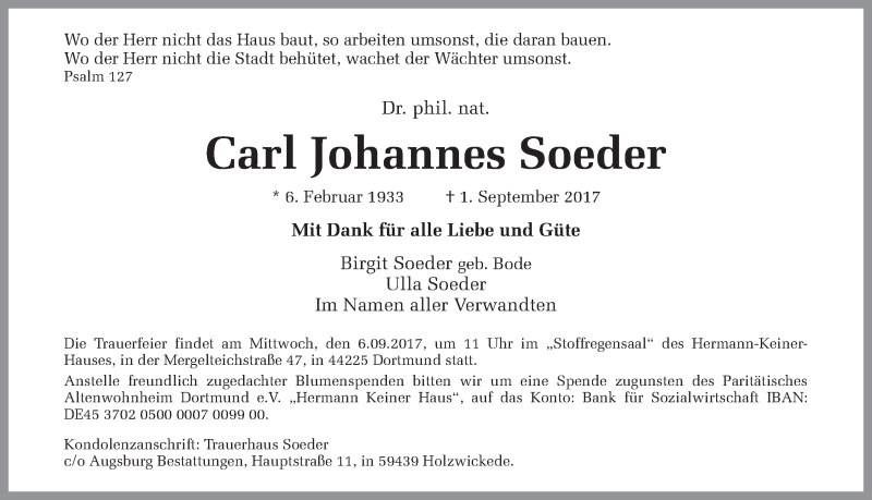  Traueranzeige für Carl Johannes Soeder vom 04.09.2017 aus Ruhr Nachrichten