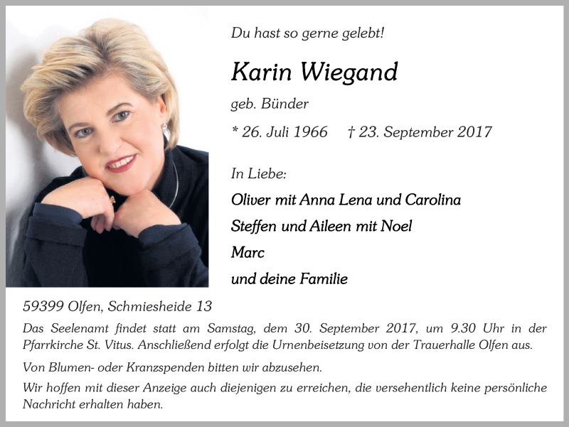  Traueranzeige für Karin Wiegand vom 27.09.2017 aus Ruhr Nachrichten