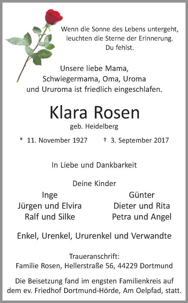  Traueranzeige für Klara Rosen vom 09.09.2017 aus Ruhr Nachrichten
