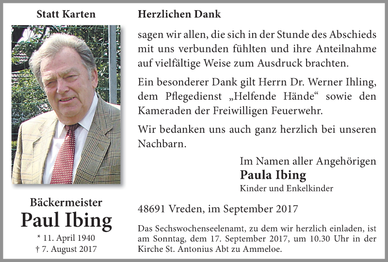  Traueranzeige für Paul Ibing vom 13.09.2017 aus Münstersche Zeitung und Münsterland Zeitung