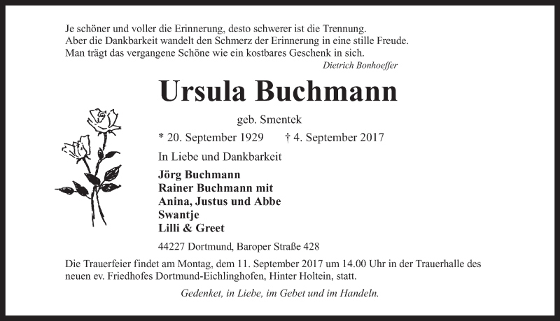  Traueranzeige für Ursula Buchmann vom 06.09.2017 aus Ruhr Nachrichten