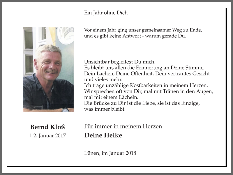  Traueranzeige für Bernd Kloß vom 02.01.2018 aus Ruhr Nachrichten