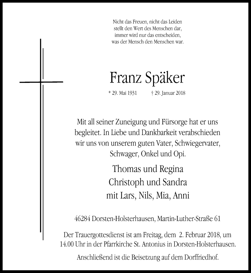  Traueranzeige für Franz Späker vom 31.01.2018 aus Ruhr Nachrichten und Dorstener Zeitung