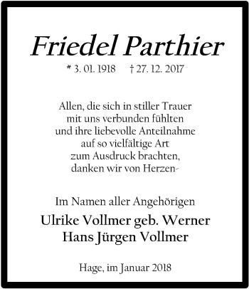 Traueranzeige von Friedel Parthier von Ruhr Nachrichten