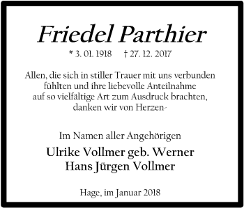 Traueranzeige von Friedel Parthier von Ruhr Nachrichten