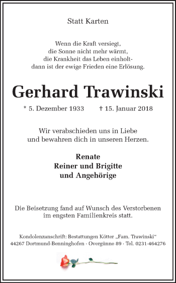 Traueranzeige von Gerhard Trawinski von Ruhr Nachrichten