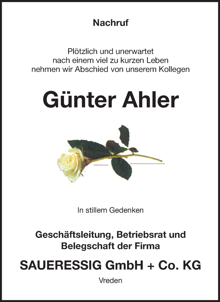  Traueranzeige für Günter Ahler vom 15.01.2018 aus Münstersche Zeitung und Münsterland Zeitung