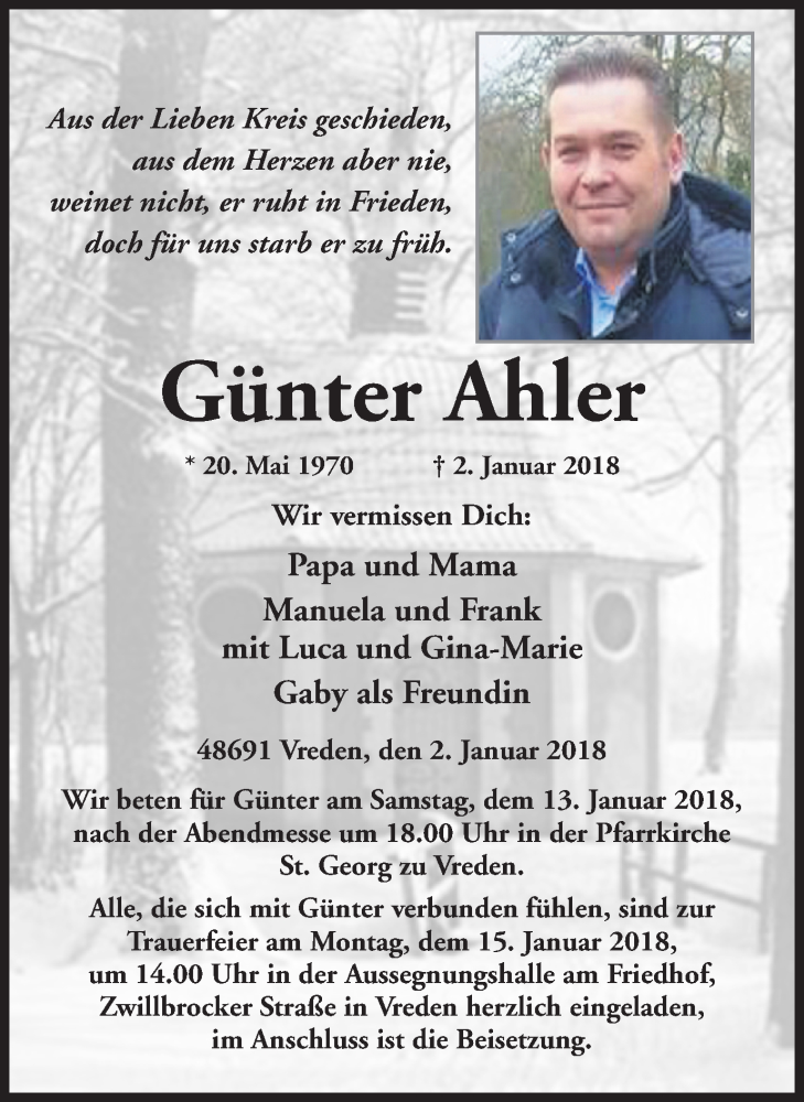  Traueranzeige für Günter Ahler vom 11.01.2018 aus Münstersche Zeitung und Münsterland Zeitung