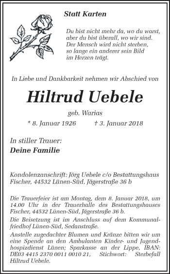 Traueranzeige von Hiltrud Uebele von Ruhr Nachrichten