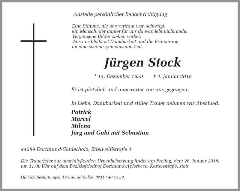  Traueranzeige für Jürgen Stock vom 20.01.2018 aus Ruhr Nachrichten