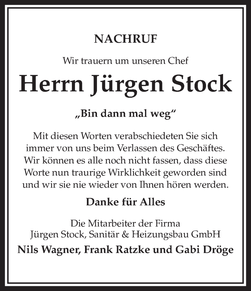  Traueranzeige für Jürgen Stock vom 24.01.2018 aus Ruhr Nachrichten