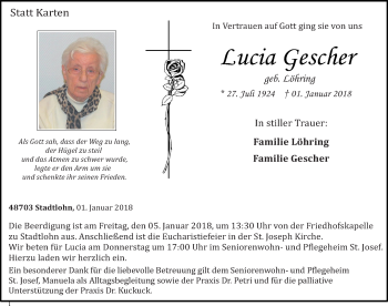 Traueranzeige von Lucia Gescher von Münstersche Zeitung und Münsterland Zeitung