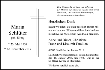 Traueranzeige von Maria Schlüter von Münstersche Zeitung und Münsterland Zeitung