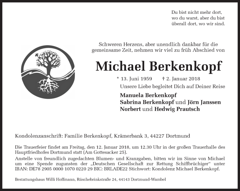  Traueranzeige für Michael Berkenkopf vom 06.01.2018 aus Ruhr Nachrichten