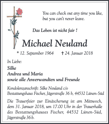Traueranzeige von Michael Neuland von Ruhr Nachrichten