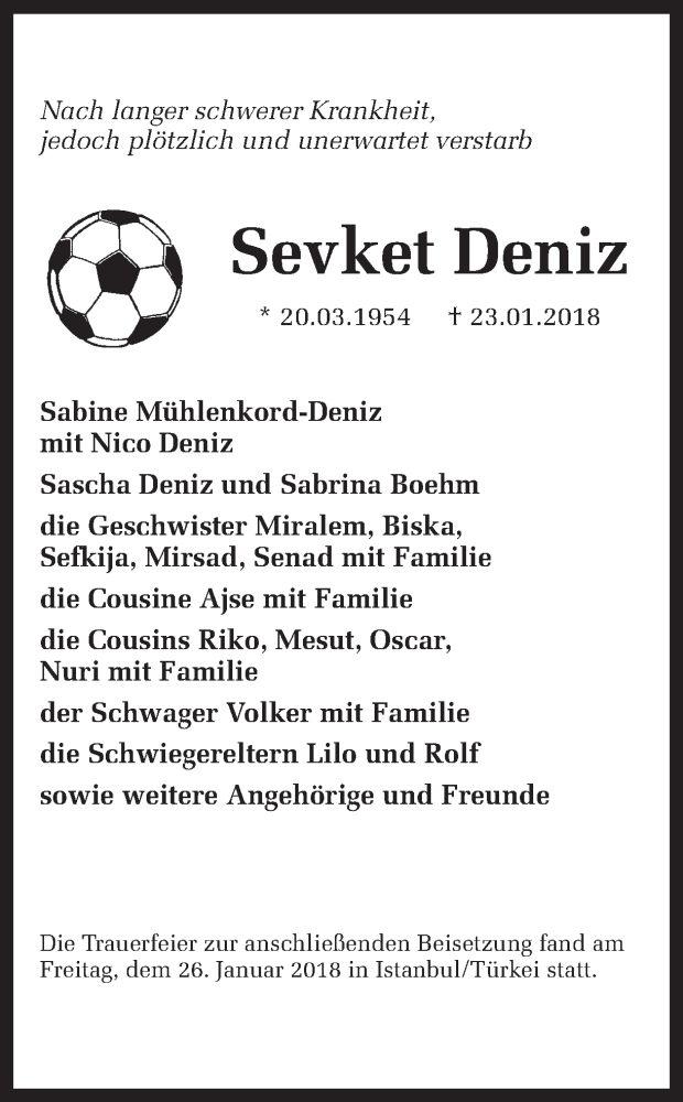  Traueranzeige für Sevket Deniz vom 27.01.2018 aus Ruhr Nachrichten