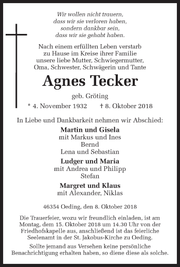 Traueranzeige von Agnes Tecker von Münstersche Zeitung und Münsterland Zeitung