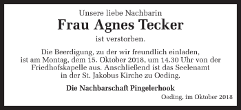 Traueranzeige von Agnes Tecker von Münstersche Zeitung und Münsterland Zeitung