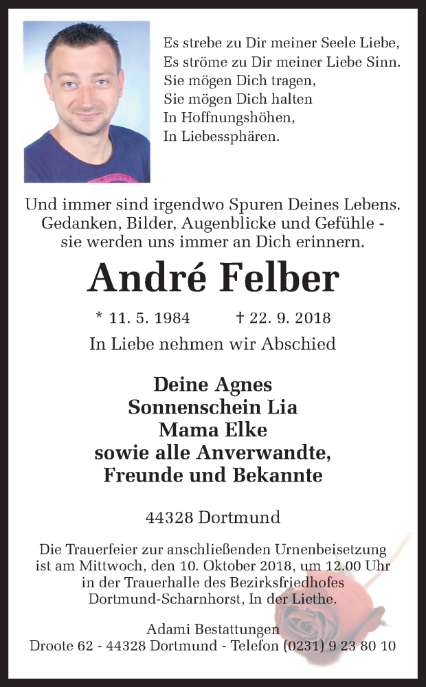  Traueranzeige für Andre Felber vom 06.10.2018 aus Ruhr Nachrichten