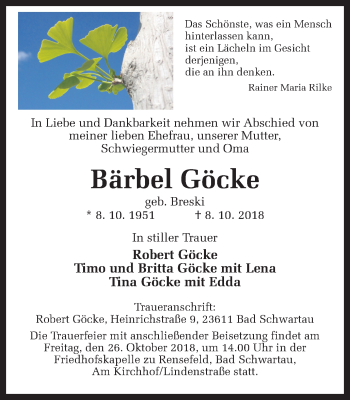 Traueranzeige von Bärbel Göcke von Ruhr Nachrichten und Halterner Zeitung